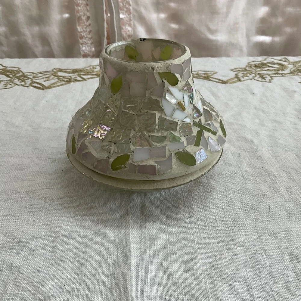 Yankee Candle Mosaic Glass Shade Tray Pink Green Iridescent Floral Fairy Lamp